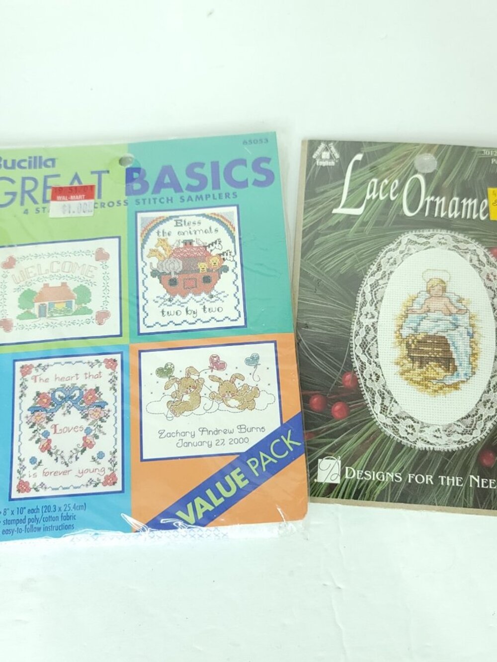Bucilla 4 Stamped Cross Stitch Samplers Welcome Ark Love Bonus Baby Ornament NEW